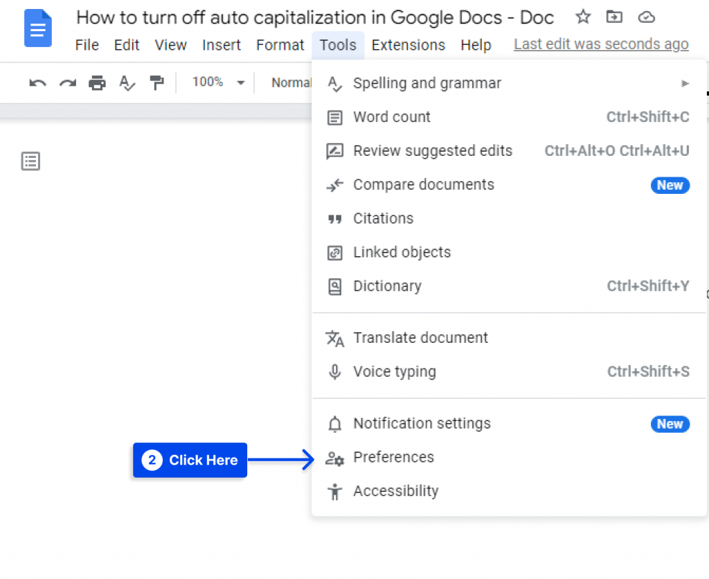 Select Preferences on Google Doc